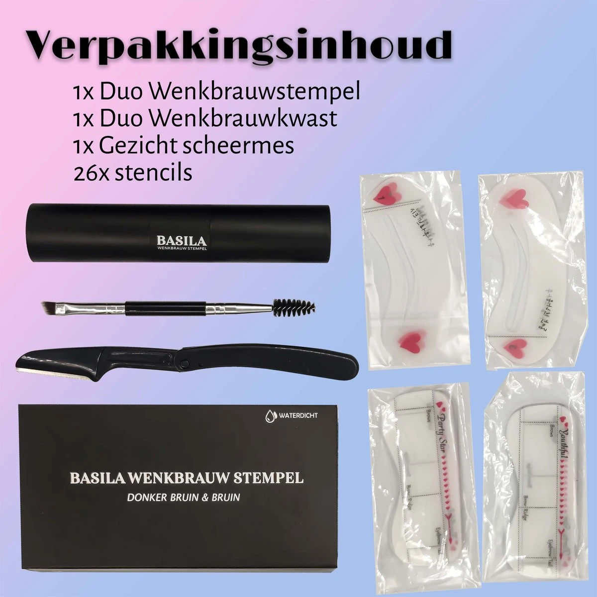 Basila® Duo Wenkbrauw Stempel Kit - Donker Bruin & Bruin - Watervast - Matte Poeder - Trimmer - 26 Stencils - Afbeelding 2