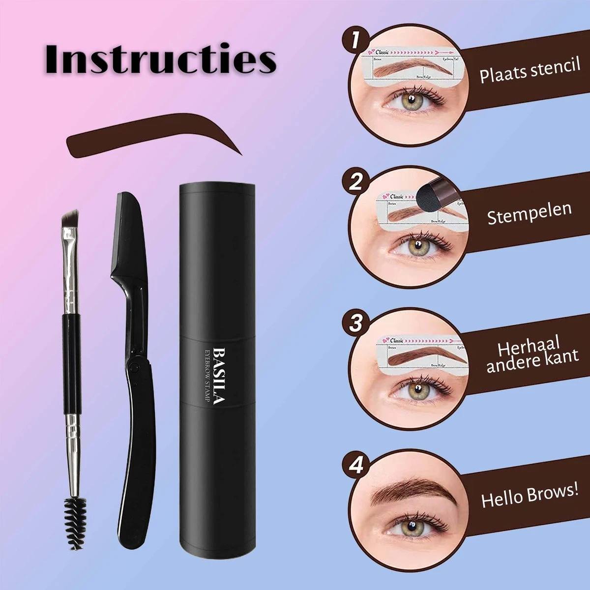 Basila® Duo Wenkbrauw Stempel Kit - Donker Bruin & Bruin - Watervast - Matte Poeder - Trimmer - 26 Stencils - Afbeelding 3